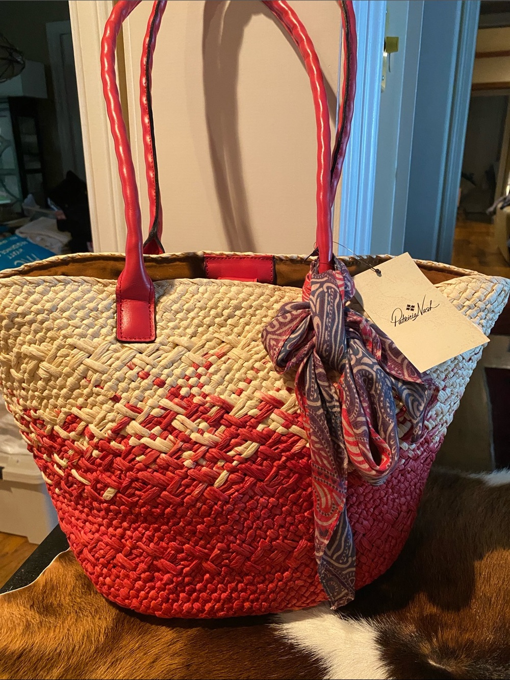 Patricia Nash Calypso Woven Tote w Greek Floral Scarf NWT